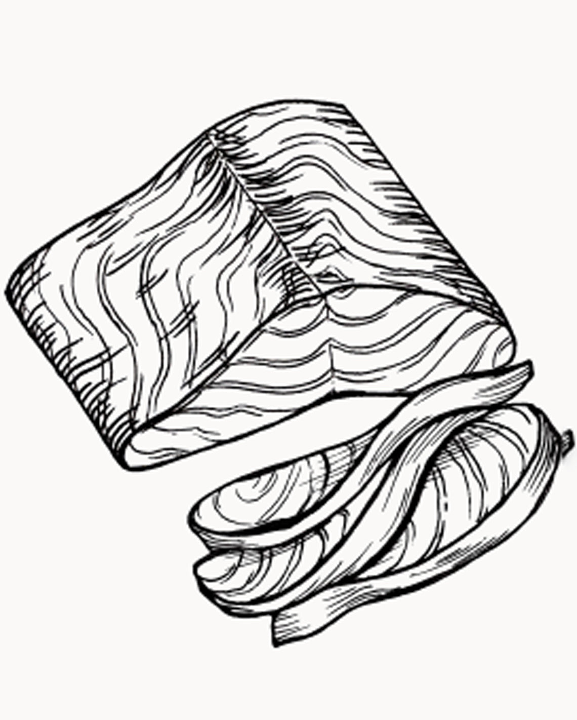 a hand-drawn black-and-white image of a filet of smoked salmon on a white background