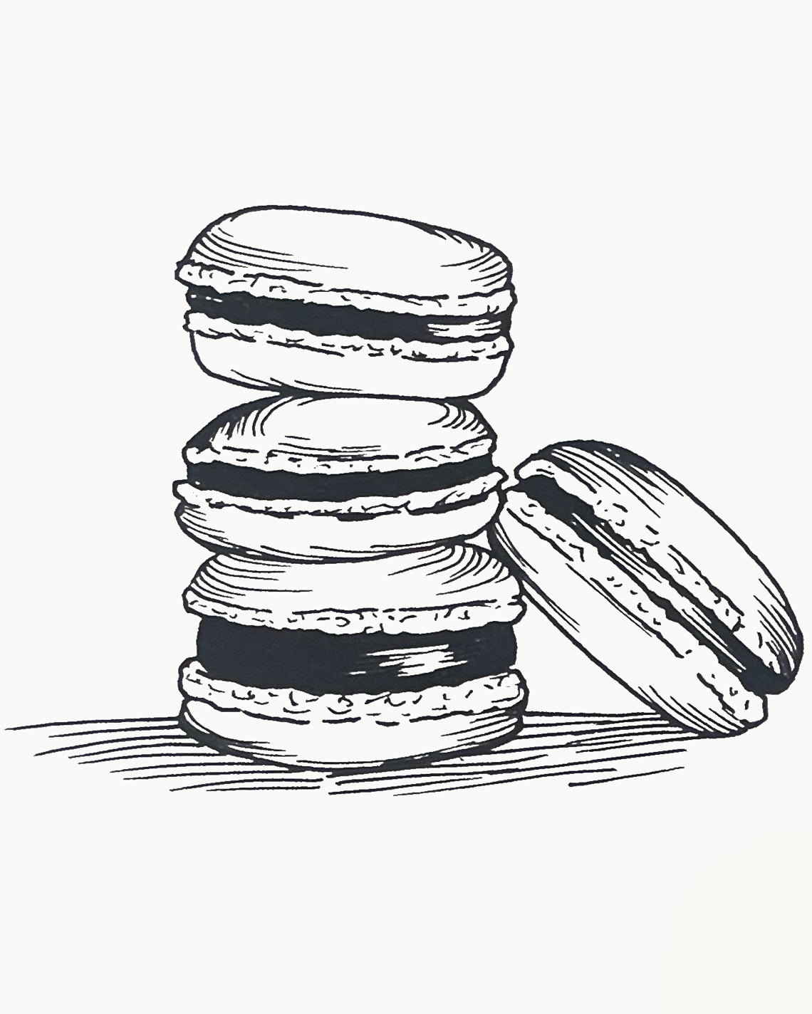 a stylish hand-drawn black-and-white image of four french macarons sitting together in a loose stack
