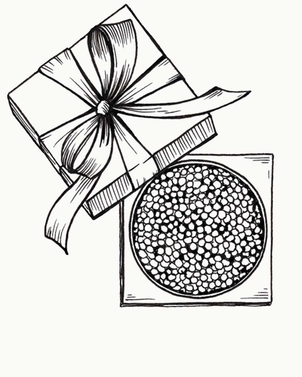 a stylish hand-drawn black-and-white image of a tin of caviar sitting in a lavish gift box with a large bow