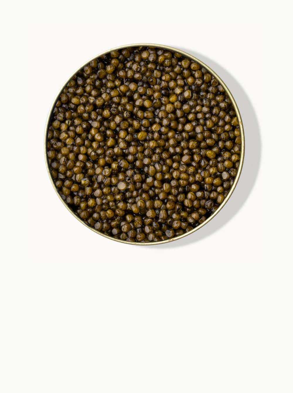 a top-down image of an opened tin of bight green Kaluga caviar on a white background. the beads glisten in the light and look plump and inviting.