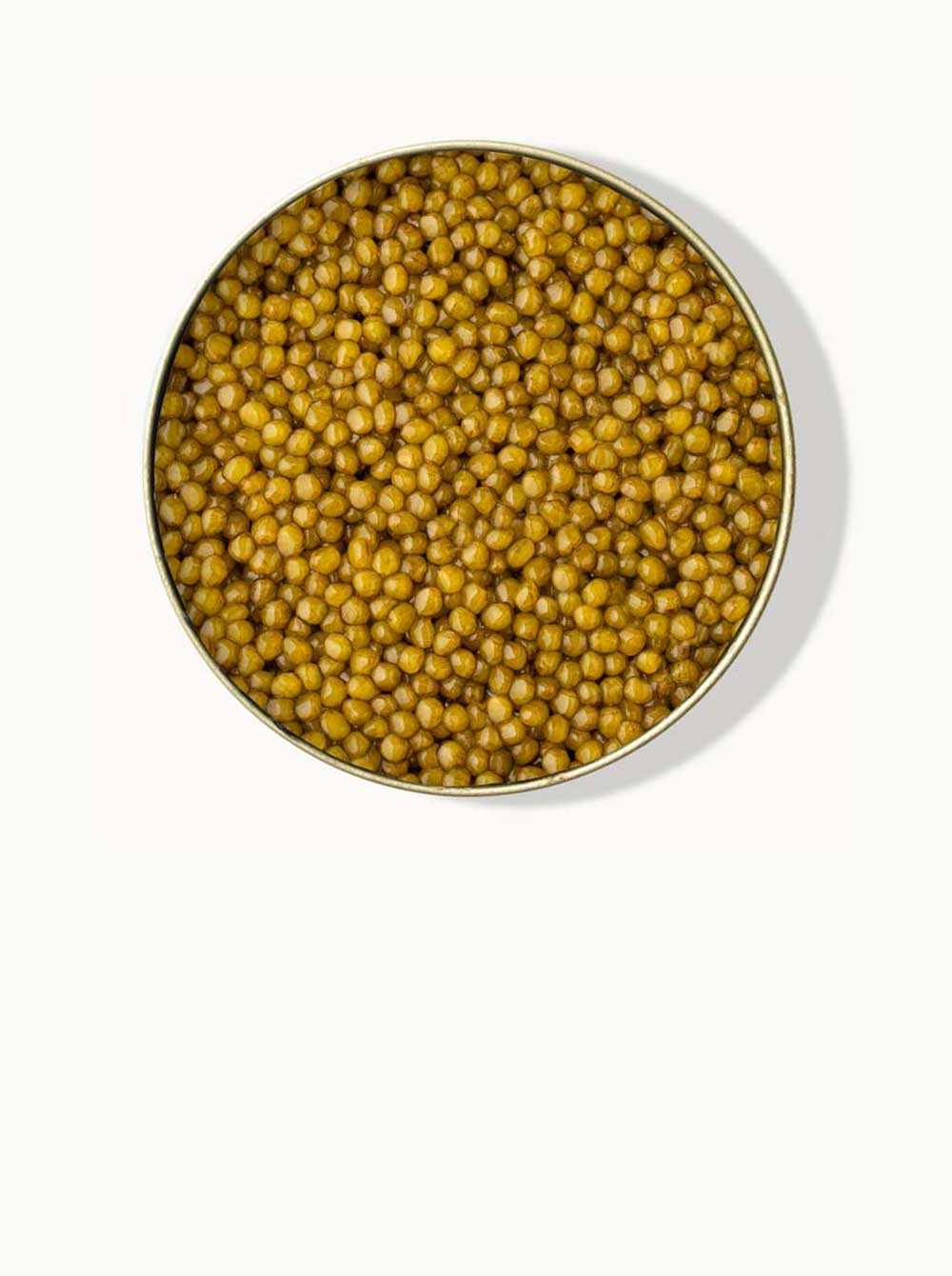 A top-down image of an opened tin of bright golden Ossetra caviar on a white background. The beads glisten in the light and look plump and inviting.