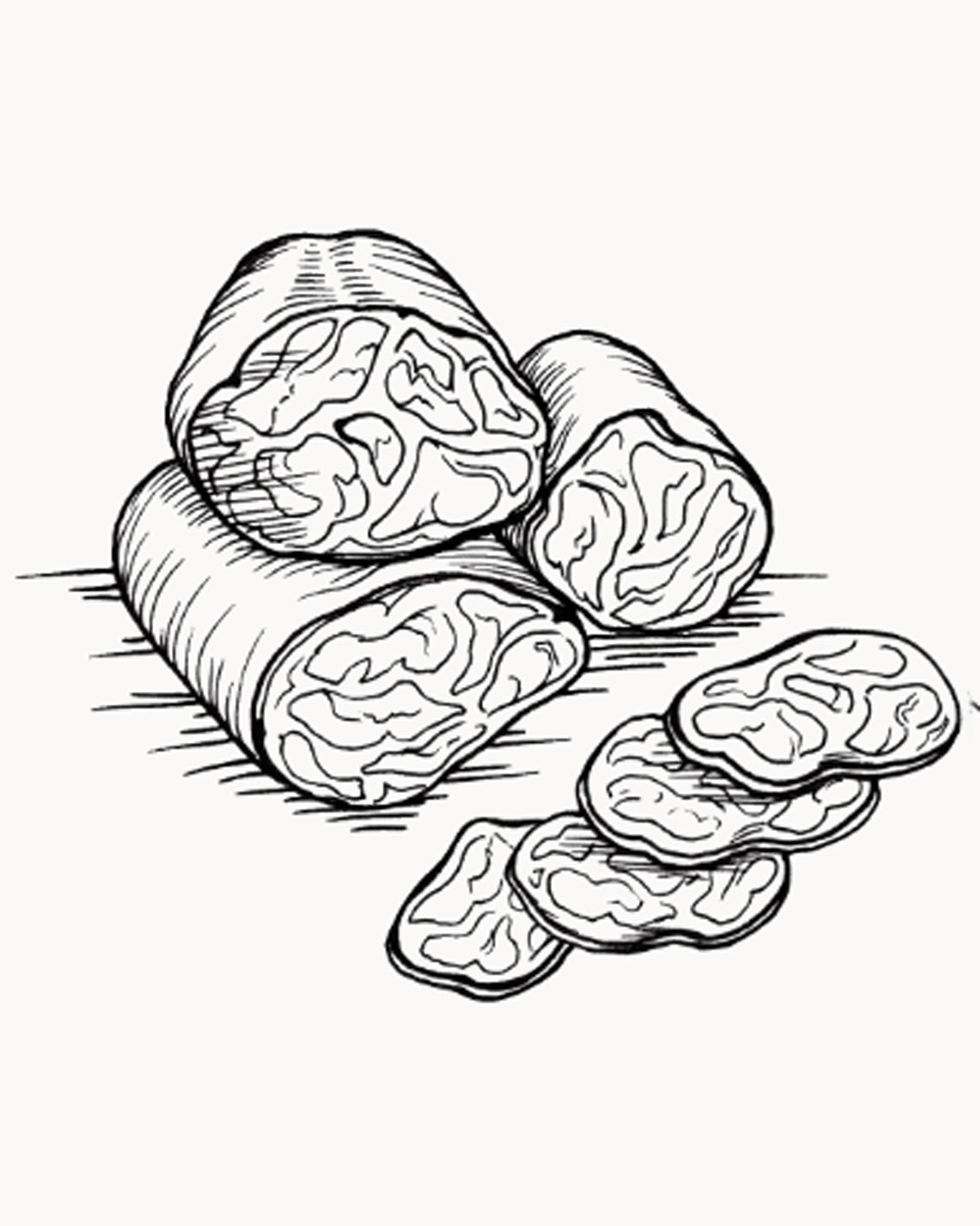 a hand-drawn black-and-white image of a several sliced salamis, piled on top of each other on a white background
