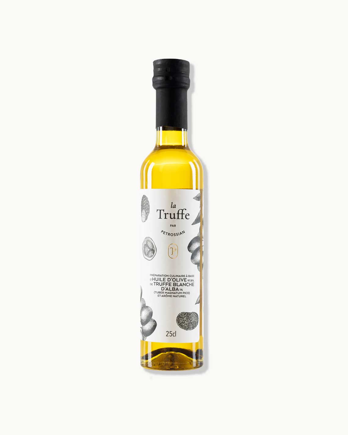 a tall glass bottle of yellow-green olive oil and a white label sits on a white background.