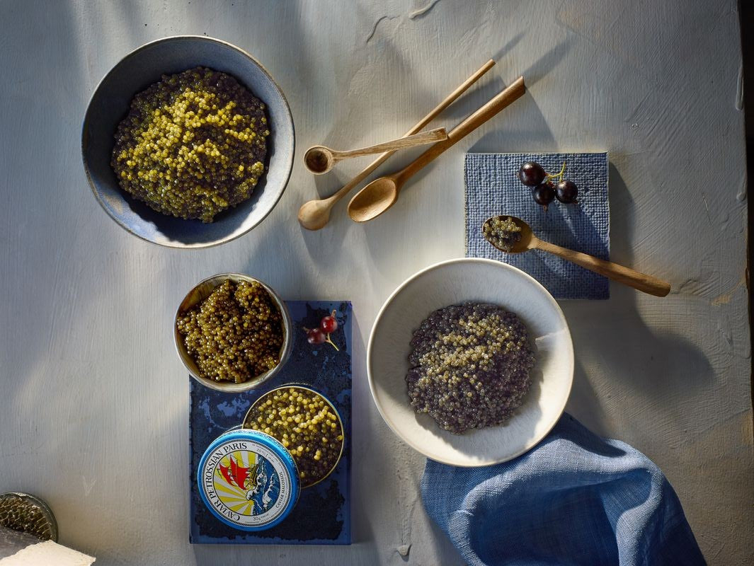 Golden Hour table setting with Petrossian Caviar
