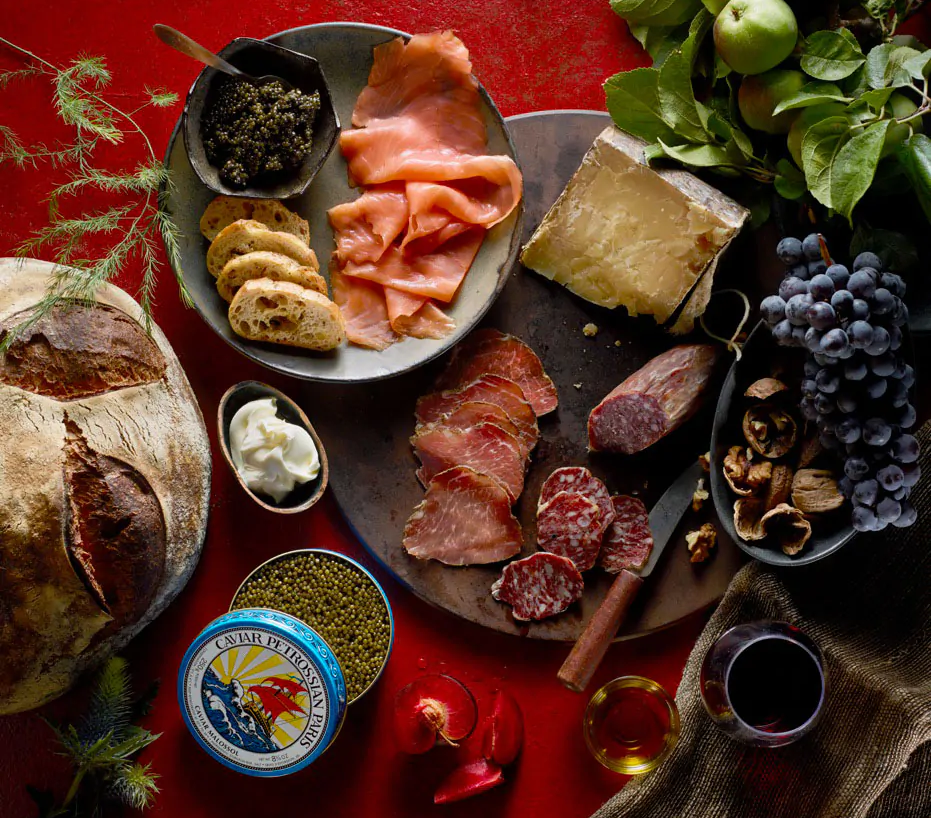 a gourmet tasting board from Petrossian with artisanal cured meats, caviar, and smoked sea