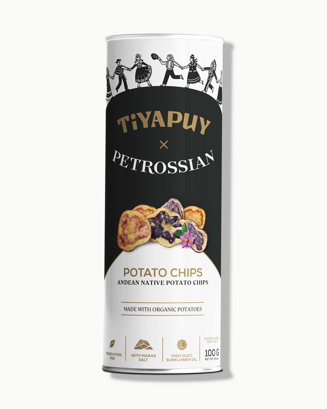 a white and black tube of colorful Petrossian chips. Drawings of Andean people adorn the tube, which sits on a white background.