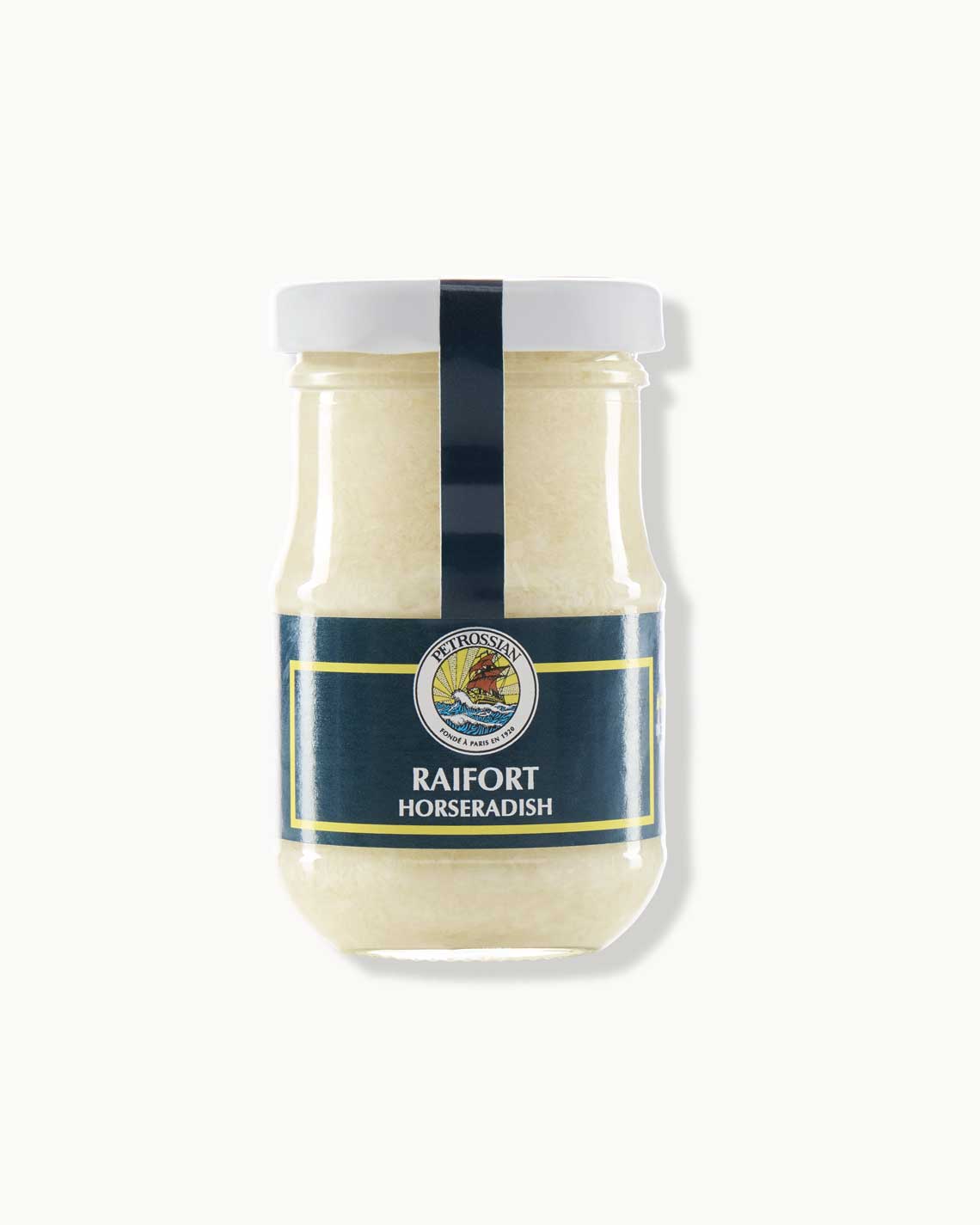 A glass jar with a white lid and a navy and yellow logo, lying on a white background.