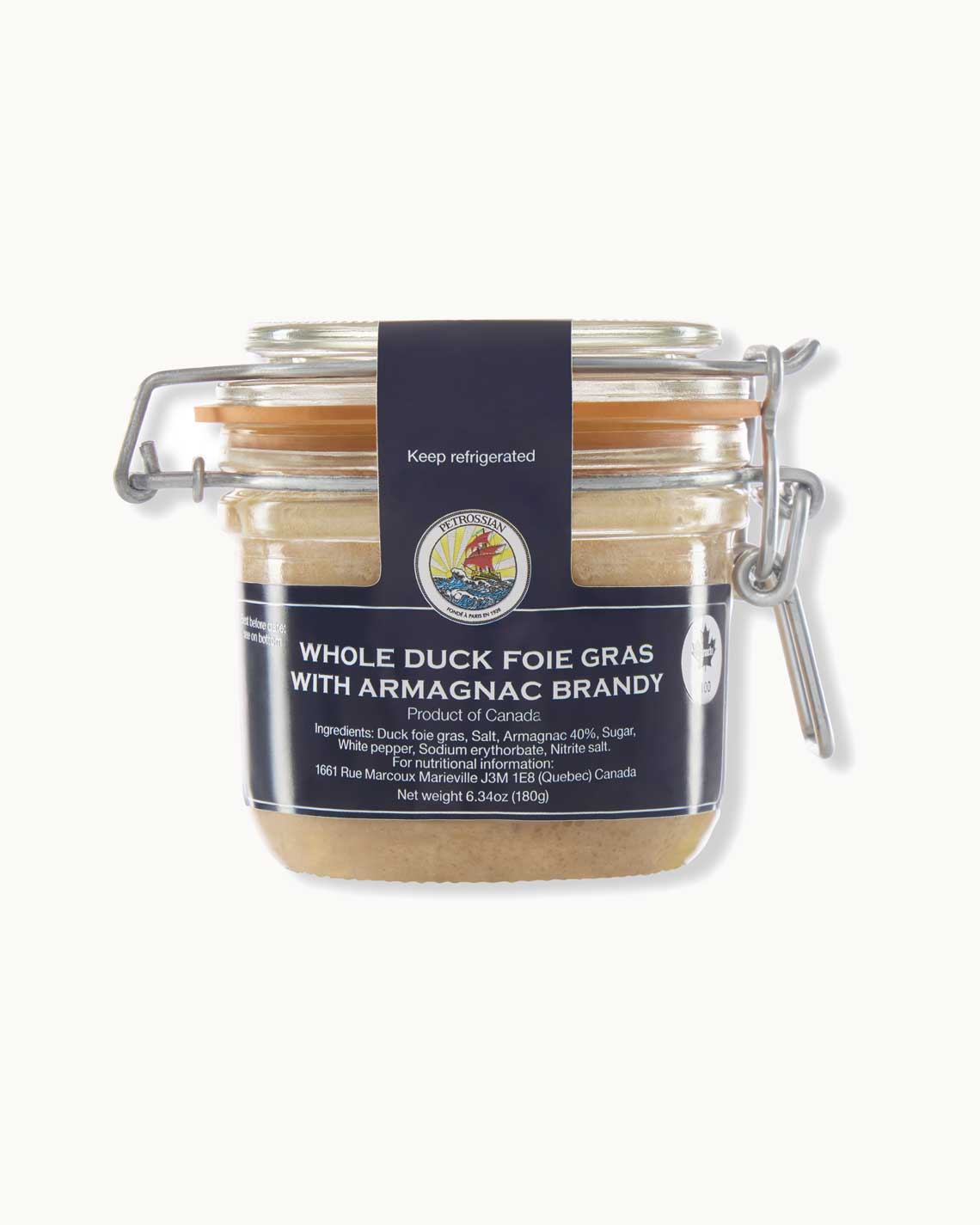 a glass jar with a traditional metal clamp lid and a navy blue label sits on a white background. it is filled with light brown Armagnac brandy foie gras. 