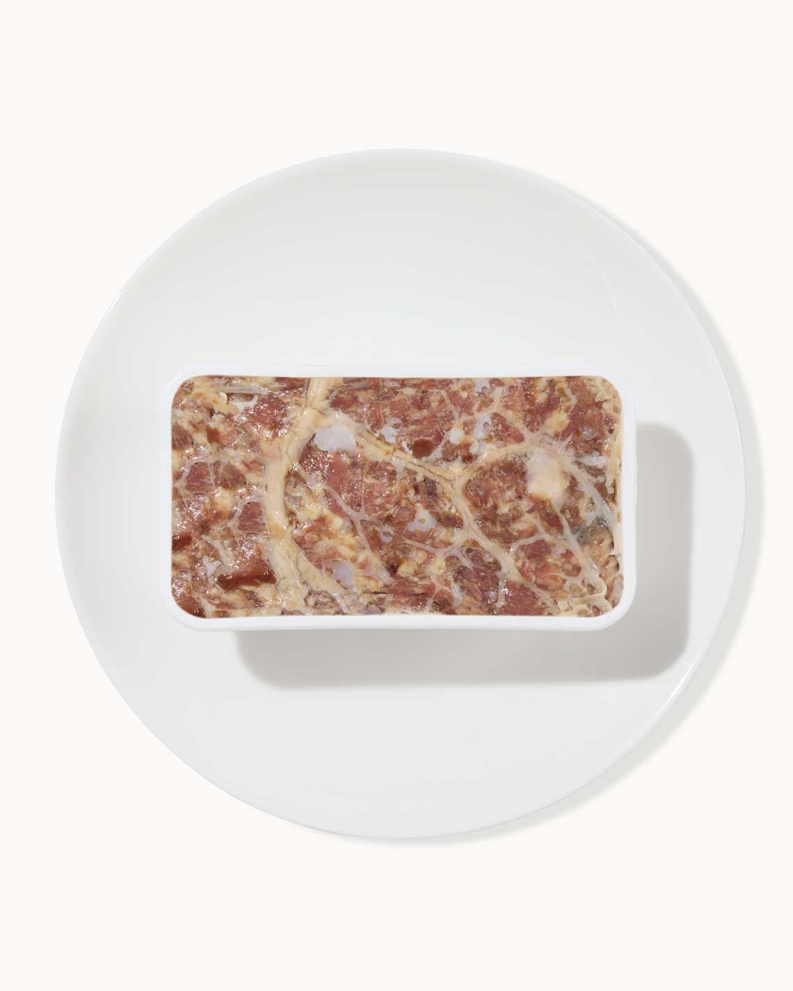 a terrine of rich, succulent pâté sits on a white plate on a white background. 
