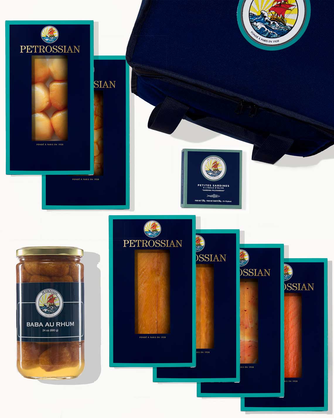 Petrossian food products including jars and boxes on a white background