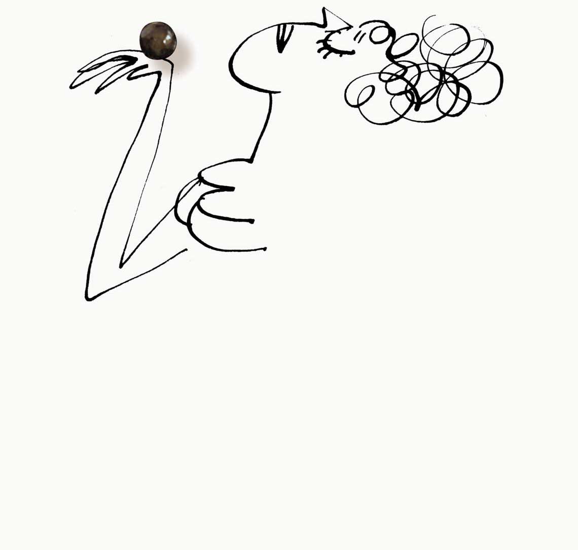 a whimsical line drawing of a women holding up a single bead of actual caviar. she is adopting a snooty pose which shows her status and dismissive nature.