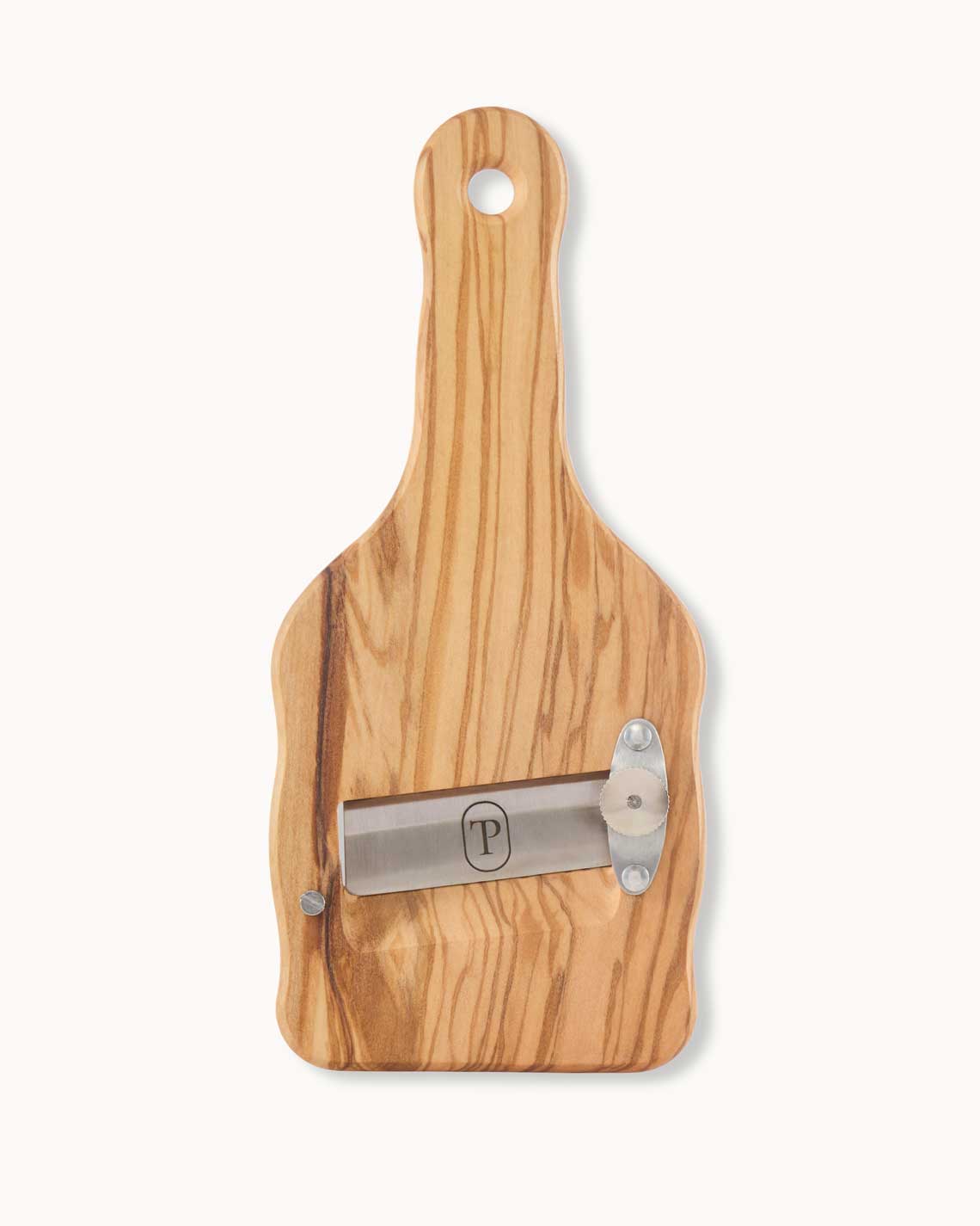 a light wood truffle shaver with a Petrossian logo and a metal blade lies on a white background.
