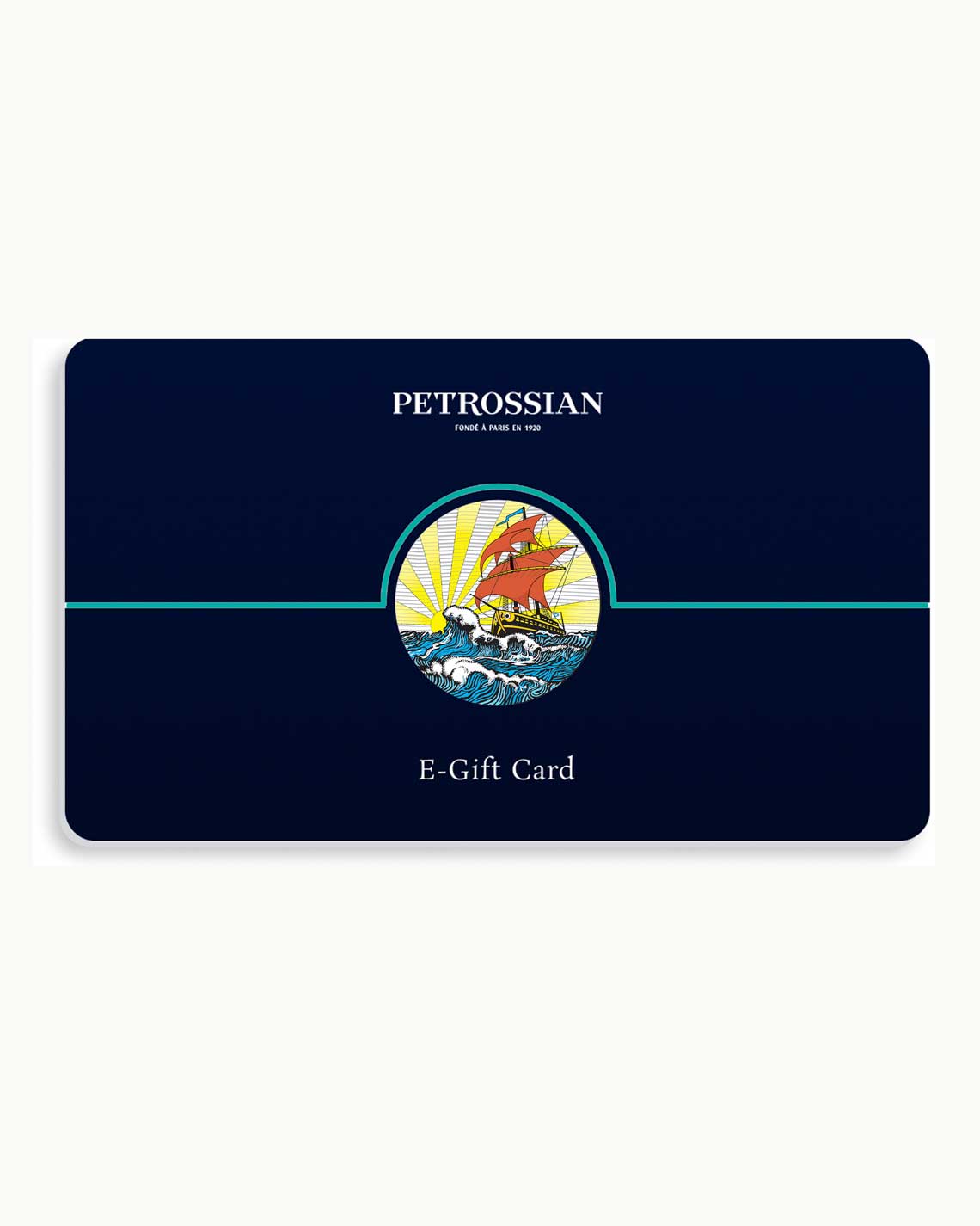 a navy blue gift card with a Petrossian logo and the text "E-gift card" sitting on a white background.